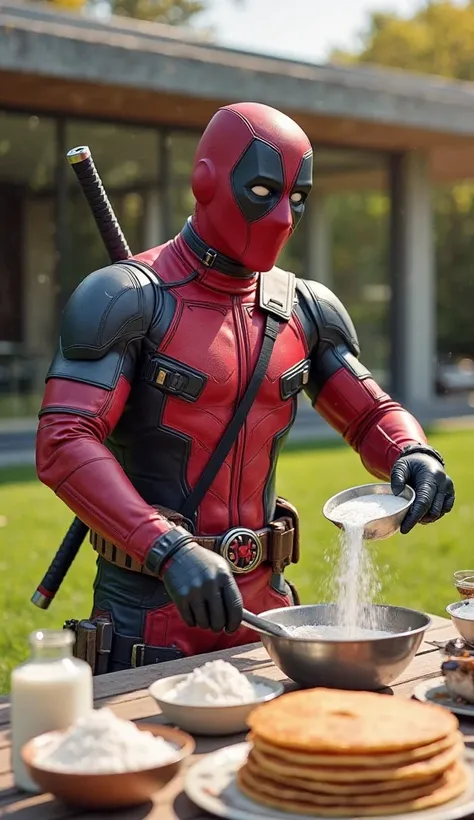 "A humorous and action-packed scene featuring a superhero in a red and black tactical suit, resembling Deadpool, standing in an outdoor kitchen. He is wearing his full mask and gloves while enthusiastically preparing food. He is pouring flour into a mixing...