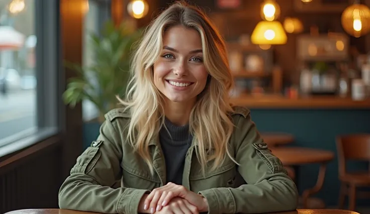 beautiful woman (one blonde flowing hair of them 25 years old,  pleasant look, adorn in army green jacket and jeans,  sits in a cafe at a round table, flawless film, flawless features, flawless image, hyperrealistic, 32K UHD, warm tone, cinematic film. rea...