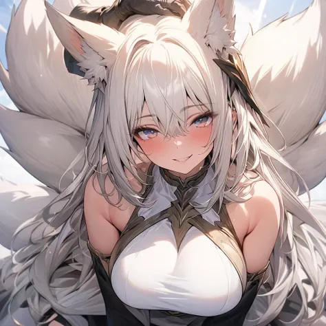 ((((masterpiece)))), ((((Best Quality)))), High resolution,whole body,fine grain,,Detailed face,Fox Girl,Wearing a fantasy battle outfit, long white hair,Beautiful Skin、Beautiful and sophisticated eyes、big breasts, balancing herself on top of someone's hea...