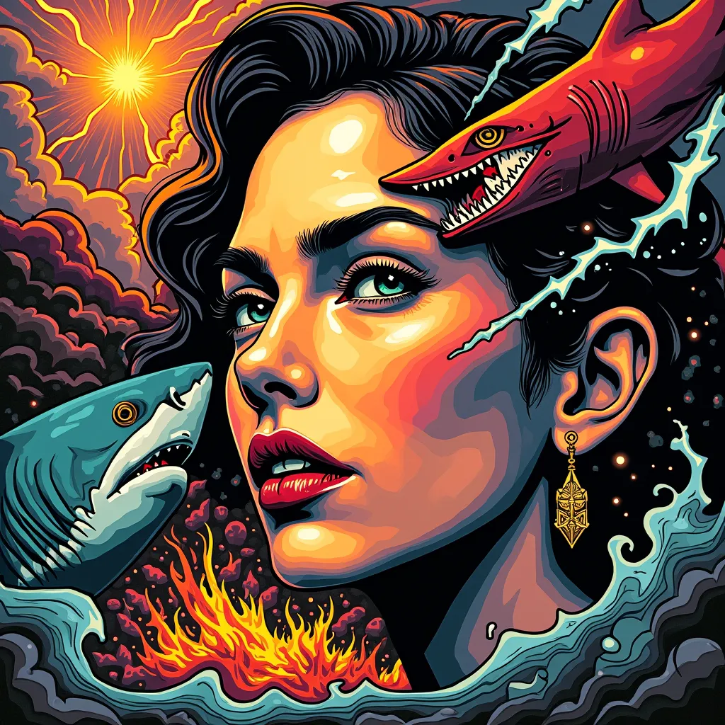 A woman's face in cubist art NFT 3D woodcut colored shark on fire angry giant destroyer setting fire through the mouth with lightning with flashy rain