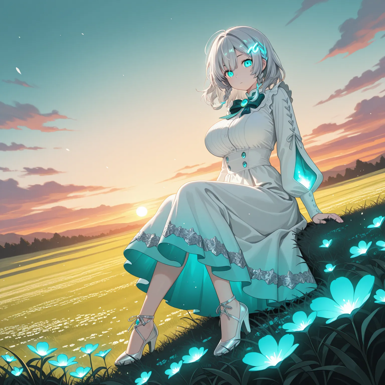 1 girl, silver medium hair with two laced braids, glowing hairclips, big breasts, turquoise eyes, wears a medium ruffled white dress with aquamarine details and long sleeves, bowtie with a glowing turquoise gem, thick tighs, white heels, resting in a meado...