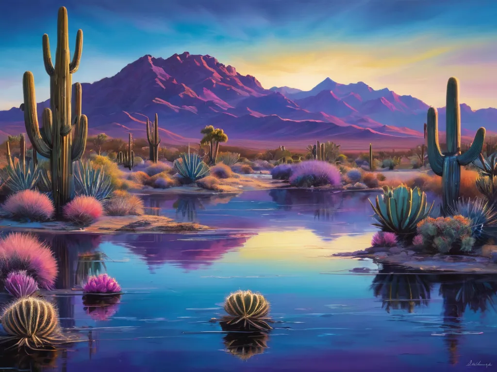 Capture a tranquil lake nestled in a desert landscape, just after sunset. The water mirrors the stunning colors of the sky, blending blues and purples. Towering cacti dot the shoreline, while distant mountains provide a dramatic backdrop. Acrylic painting
...