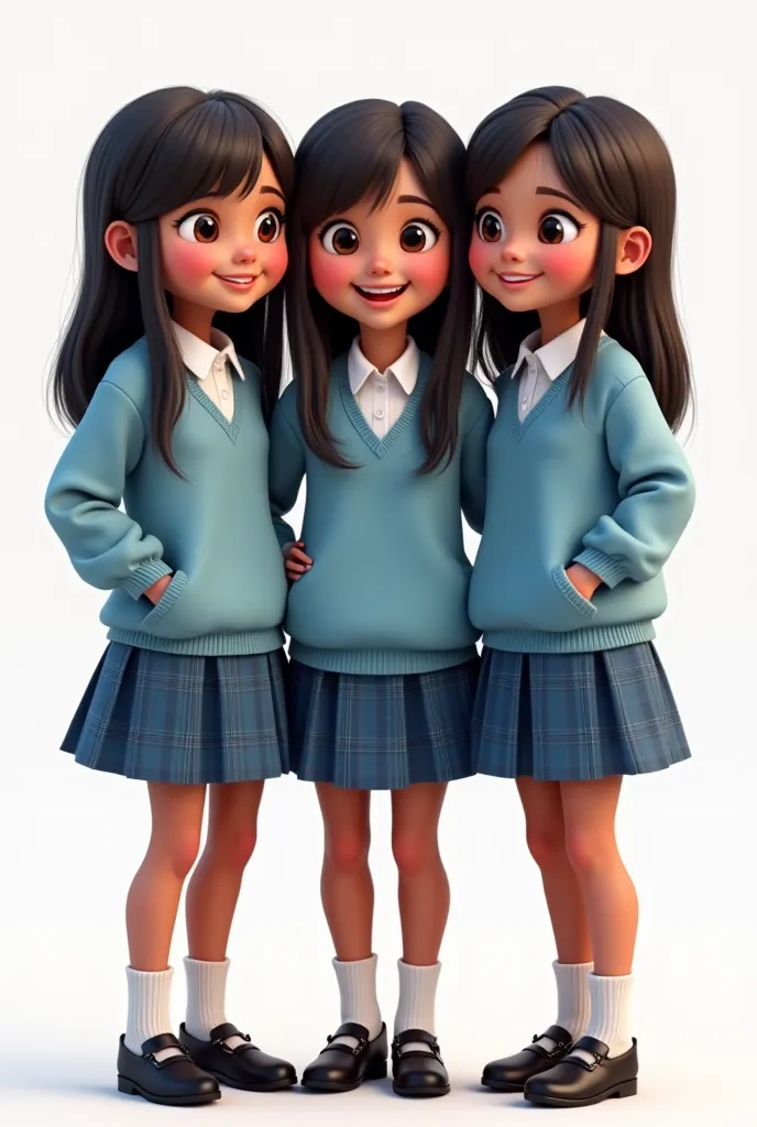 Create the image of three girls in animated mode, with characteristic features of three girls from the Andean South of South America, with dark skin color,  dark and straight hair , they must have a school uniform which is a light blue sweater and a blue p...