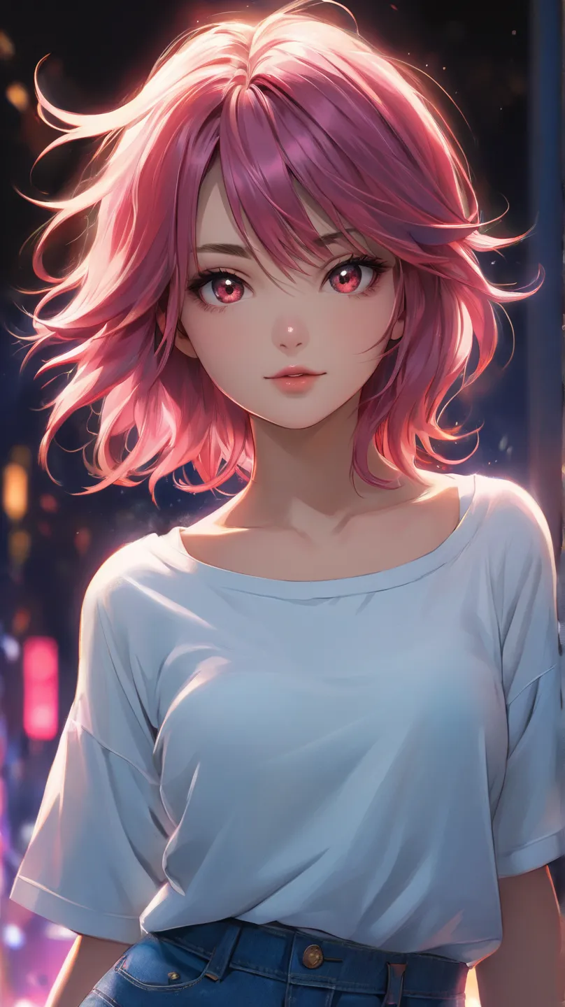  anime girl t-shirt, dark pink hair with a blue tuft, light red eyes, he wears a tight shirt and a blue jean, is of short stature, Da un aire de rockstar