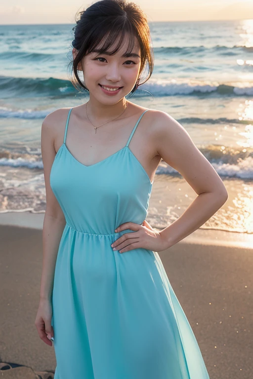 Beautiful 20-year-old Asian woman standing by the seaside, smiling gently. She has short, stylish black hair, wearing a light summer dress that sways in the breeze. The ocean waves softly touch the shore, and the golden sunlight reflects on the water. The ...