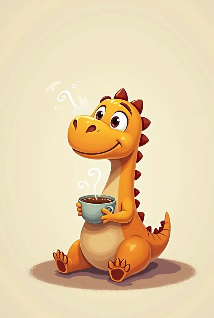 cute animated green dinosaur, similar to a T-rex, with a cup of coffee between its claws,  as if he were thoughtful 