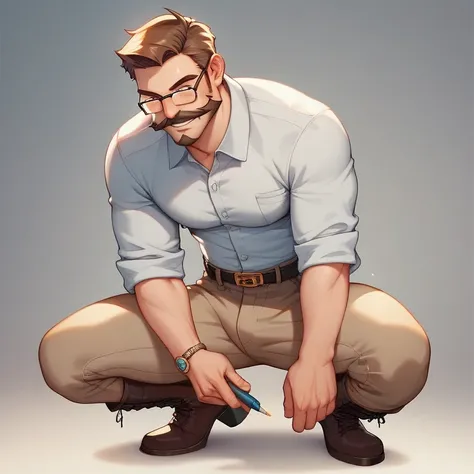 Richard is a fit mature man with brown hair. He has a well‐groomed beard and full mustache.

His attire consists of a pale‐green button‐up long‐sleeved shirt, khaki work pants, and sturdy brown leather boots. On‐site, it’s inevitably accompanied by a toolb...