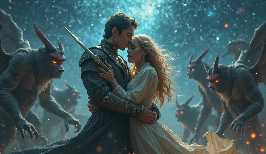  fantasy。Attacked by many flying demons、A young man hugging a beautiful blonde woman crying and protecting her while fighting with a sword。Stars that shine like crystals at night。4K