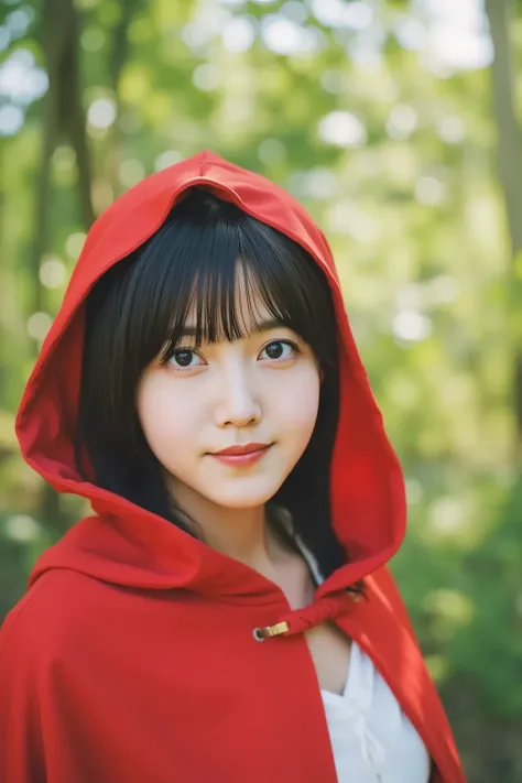 「a portrait of a Japanese woman wearing a red hood、smiling in the woods。She has bright black hair、wearing a red hooded cape。Green tree in the background々and soft sunlight shines in、a peaceful forest landscape。Her expression is gentle、 has a gentle smile 。」