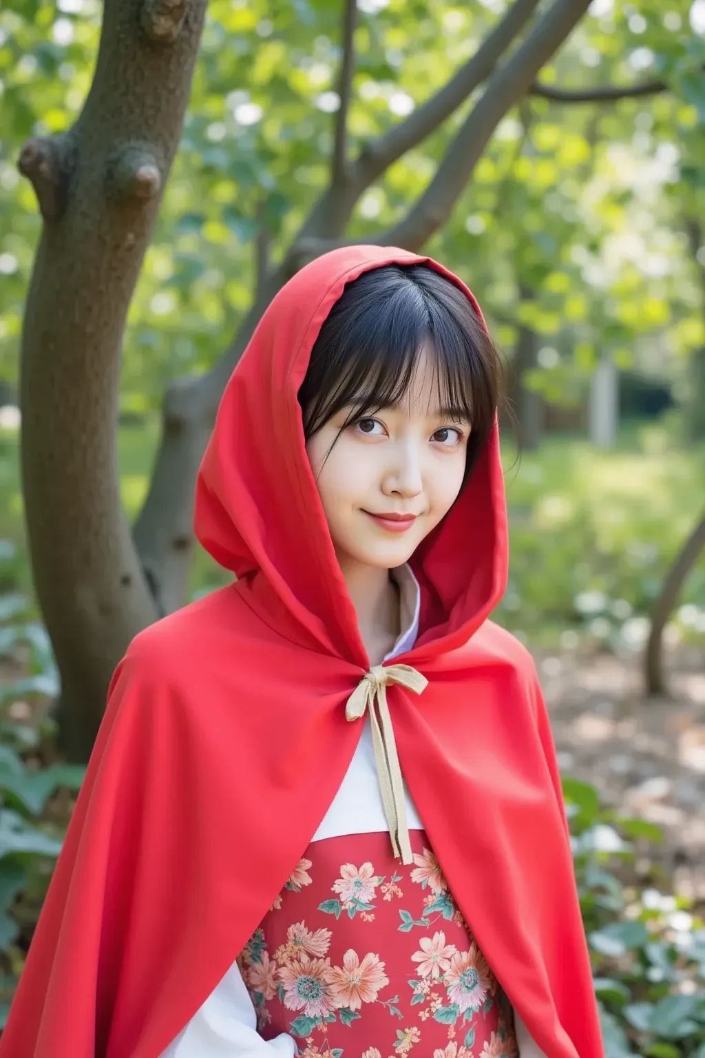 「a portrait of a Japanese woman wearing a red hood、smiling in the woods。She has bright black hair、wearing a red hooded cape。Green tree in the background々and soft sunlight shines in、a peaceful forest landscape。Her expression is gentle、 has a gentle smile 。」