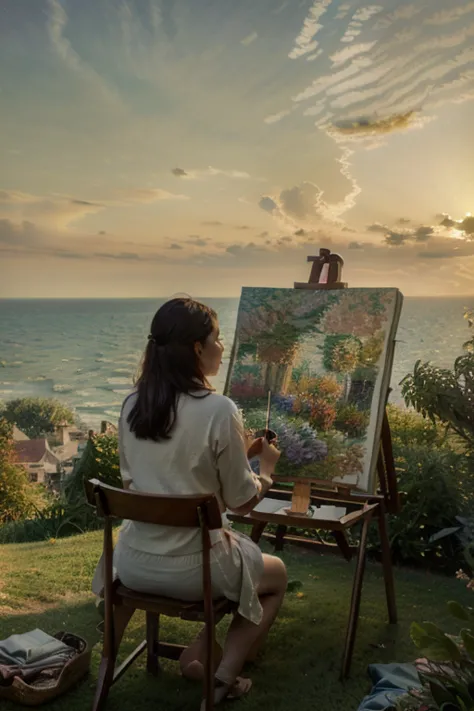 (Claude Monet style:1.3) This image depicts a serene landscape following the principles of the Impressionist era. A Hispanic woman sits on a chair on a gently lit lawn, holding easel, concentrates on capturing the beauty of the sunset. The sky is painted i...