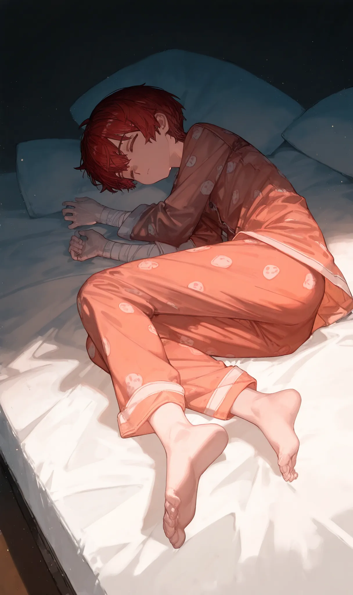 1boy, , , (ciloranko:0.9), lack,foreshortening, red hair,closed mouth,solo , cinematic, masterpiece, best quality, good quality, newest, highres, absurdres,shota,no shoes,bandaged arm,pajamas,no socks,laying down,bed,eyes closed,sleeping,from above