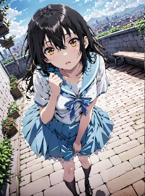 Yukina Himeragi,semi-long hair,   black hair, brown eyes, medium chest, mad at my anal,is embarrassing,skirt, bow, school uniforms, pleated skirt, sailor suit, sailor color, blue skirt,  plaid , blue bow, black high socks, is standing, bench,black string p...