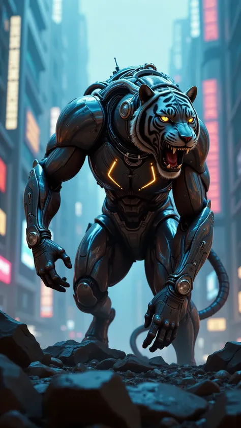 FUTURISTIC HELL TIGER,  mechanical armor , muscular body