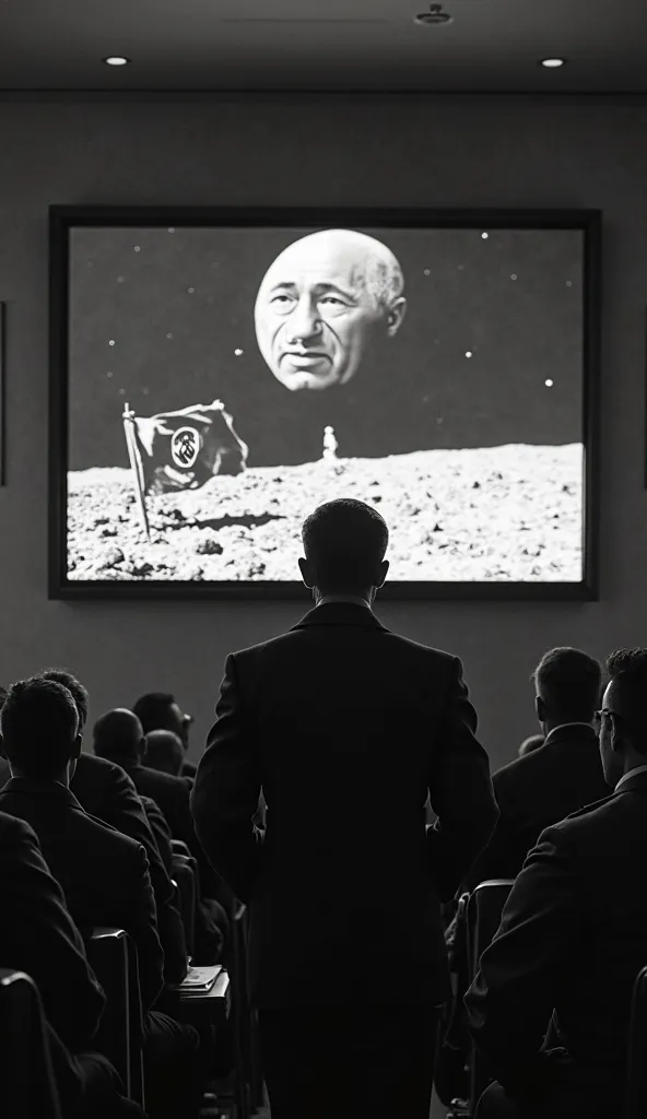 "First-person view staring at a high-tech television screen embedded into the wall. Supreme Führer Himmler’s face fills the screen as he delivers an announcement: ‘The Reich’s new moon colony has been established, securing our dominance beyond Earth.’ Behi...