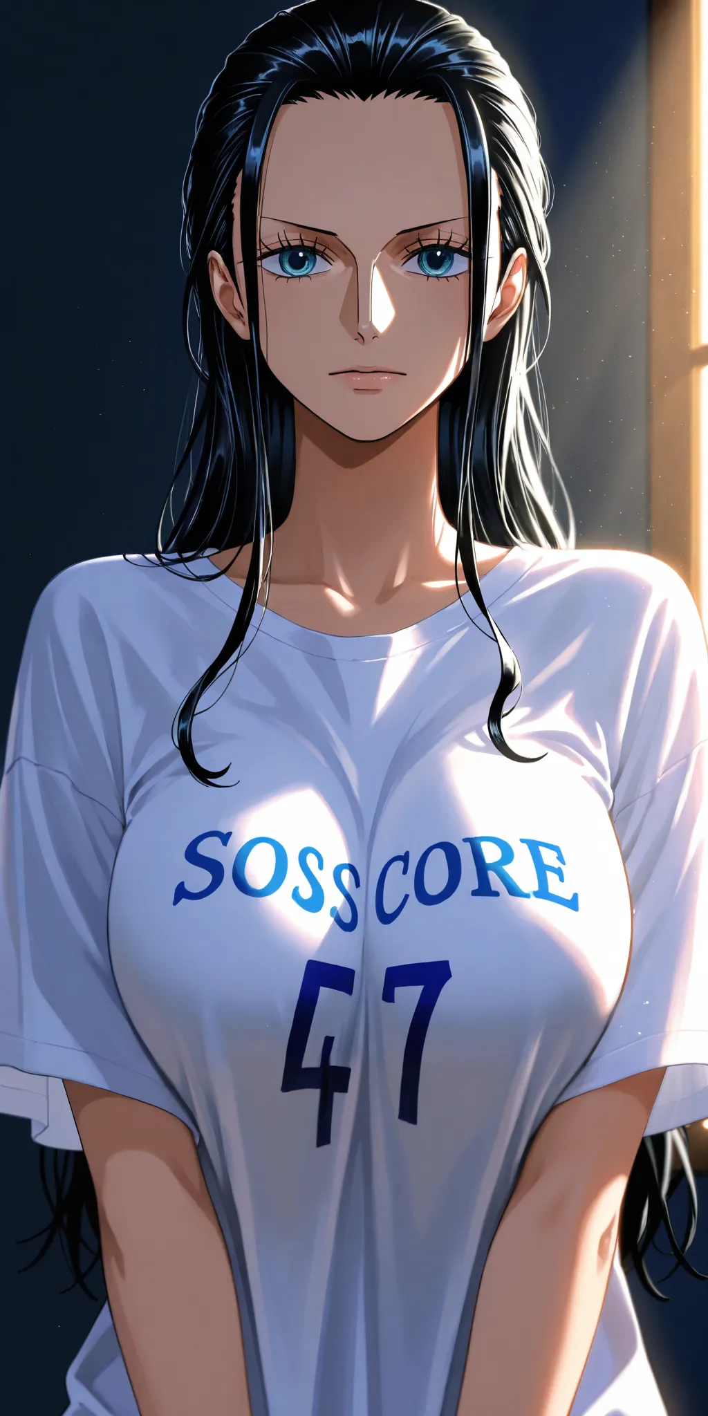 masterpiece, high score, great score, absurdres, close-up, beautiful woman, Nico Robin, one piece, black hair, long hair, hair slicked back, beautiful blue eyes, oversized t-shirt, simple background, vivid colors, volumetric lighting, soft lighting, front ...