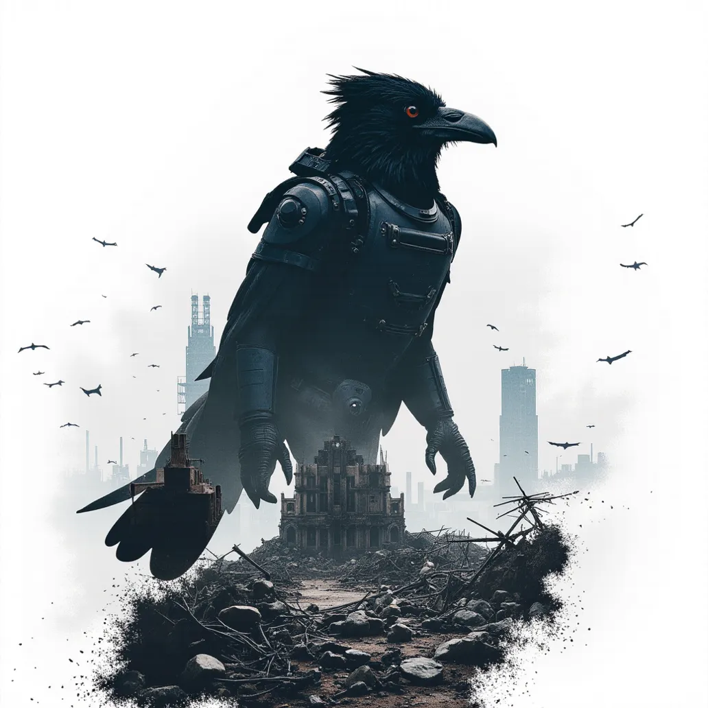 double exposure style,prospect: Anthropomorphic crow soldier donned in black modern combat armor. silhouette:ruined battlefield landscape,Silhouette intensity strong, Double exposure 