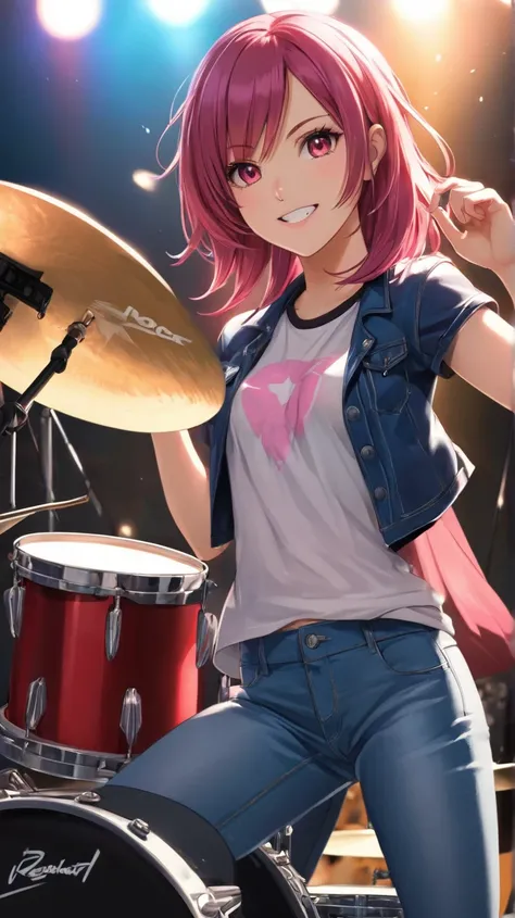  anime girl t-shirt, dark pink hair, light red eyes, He's wearing a tight shirt and a blue jean, is of short stature, Da un aire de rockstar, The drums are playing