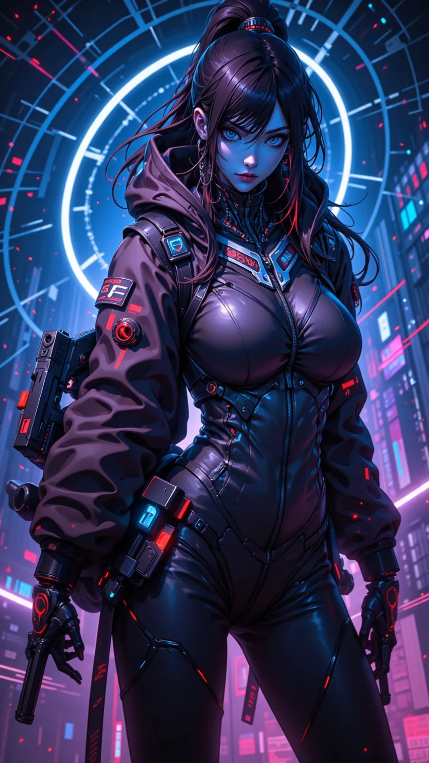 in the style of CKNC,in the style of CKSC,Focus Topic, dynamic angle,android woman,pointing a pistol at the viewer,anger,A network of uncharacteristic eyes, Ponytail ,neon lights,Casual clothes,Casual clothes,glowing web,shining on the roof,high quality,4K...