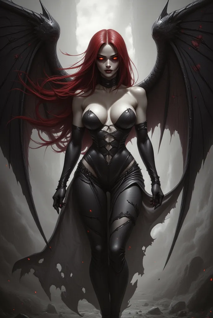 
"Full body image of an extremely sexy and attractive Dark Angel, but at the same time terrifying. She has large and majestic wings of black feathers, stained with splashes of red blood, that extend dramatically behind her. Her long, silky hair is a deep r...