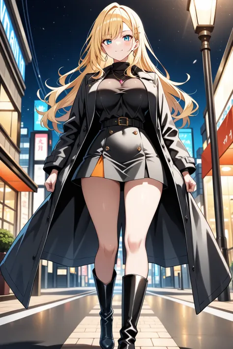 「冬のストリートファッションアイコン」 Cute girl, (masterpiece: 1.2), (best quality: 1.2), (high definition: 1.1), stylish blonde gyaru in black oversized coat, mini skirt, and thigh-high boots, walking down busy winter street. Dramatic street lighting, cool urban color pale...