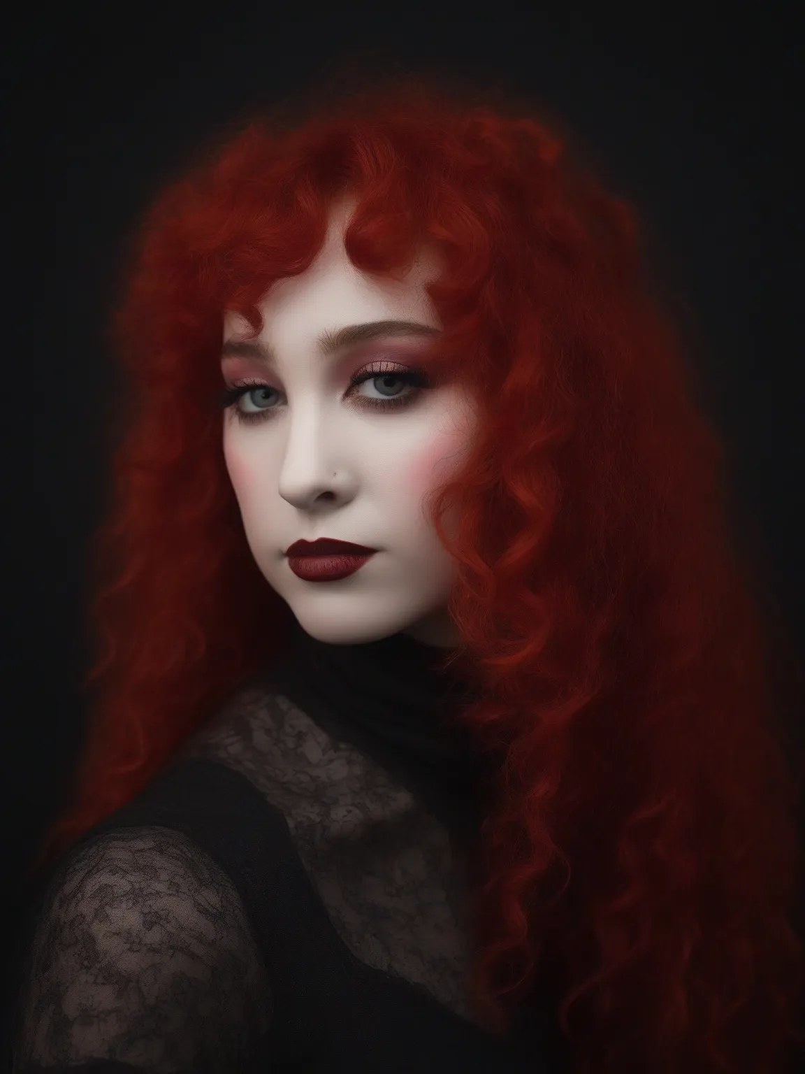 chapp3ll, 1girl, dark eyes, orange hair, curly hair, bangs, dark red lips, slight smile, dark blue eyeshadow, pink cheeks, mole under eye, white face, tattoo, wearing nothing. red Sheer evening gloves, side view
BREAK
dark background
