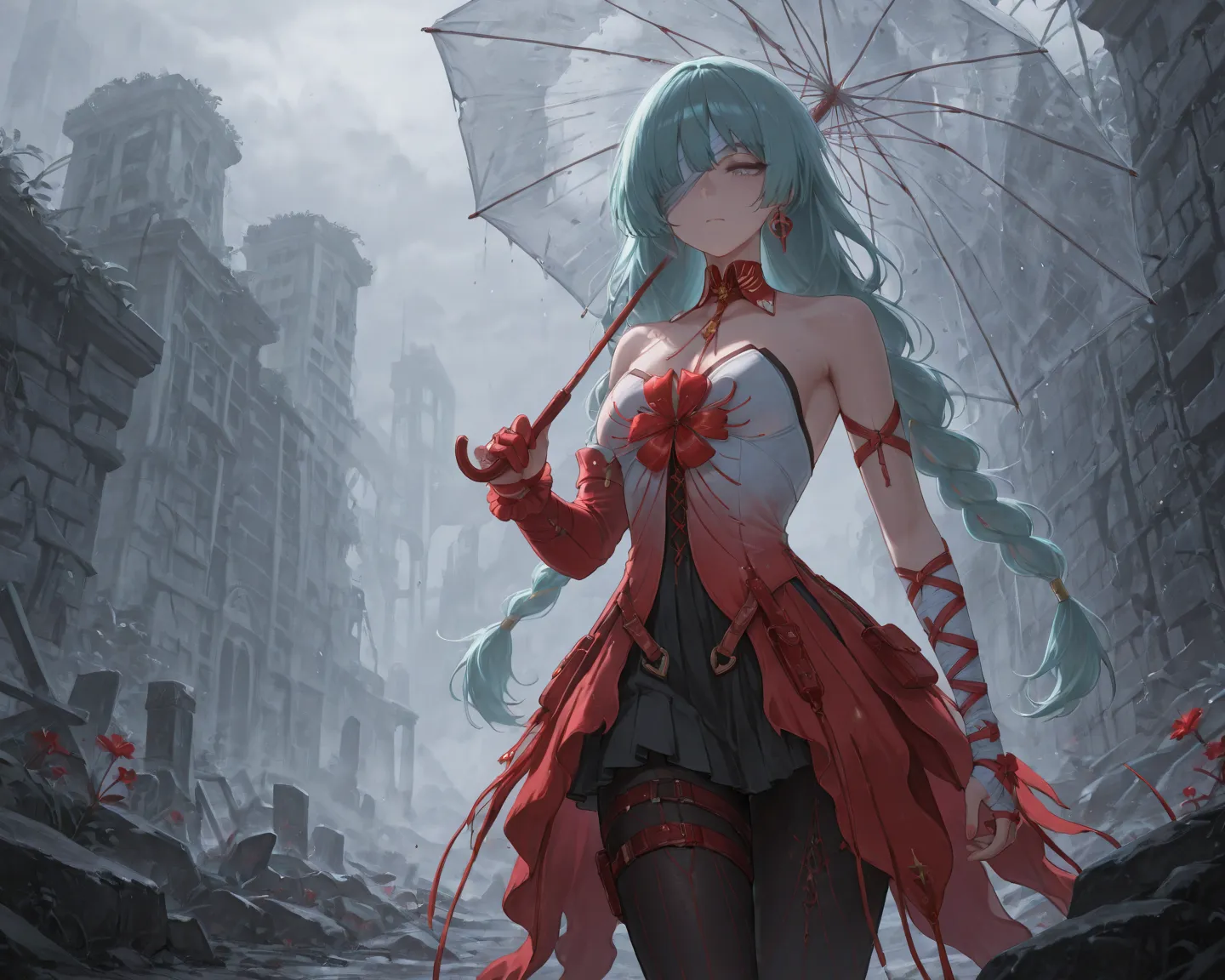 1girl, solo,ancient ruins, debris, mist, fog, vines, ruins, stone bricks, rocks, emotionless bored, half-opened eyes,
Phrolova, long hair, one eye covered, bandage over one eye, red collar, detached collar, chest strap between breasts, halterneck, white dr...