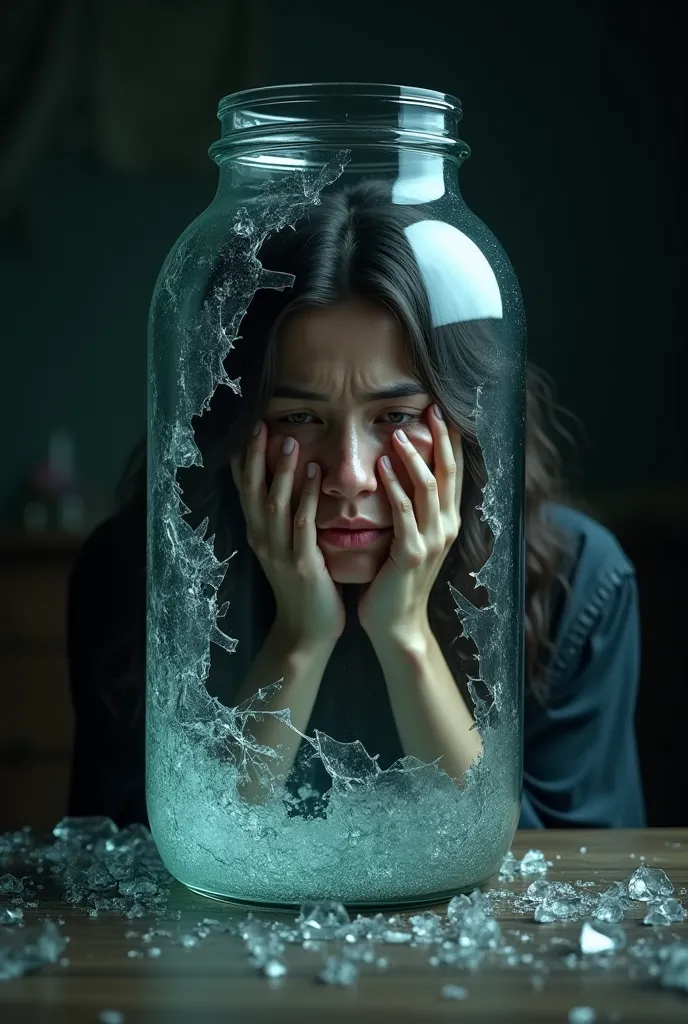 a broken glass in which you can see a woman covering her crying face