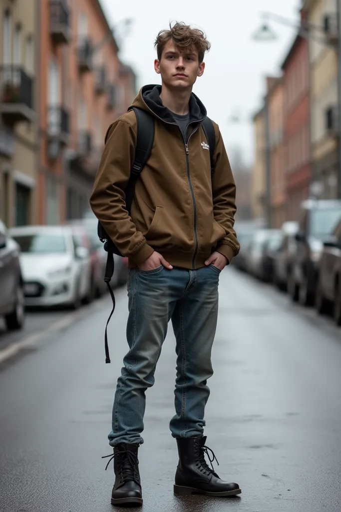 A 20-year-old boy stands bored in the street with an Ilizarov on one leg