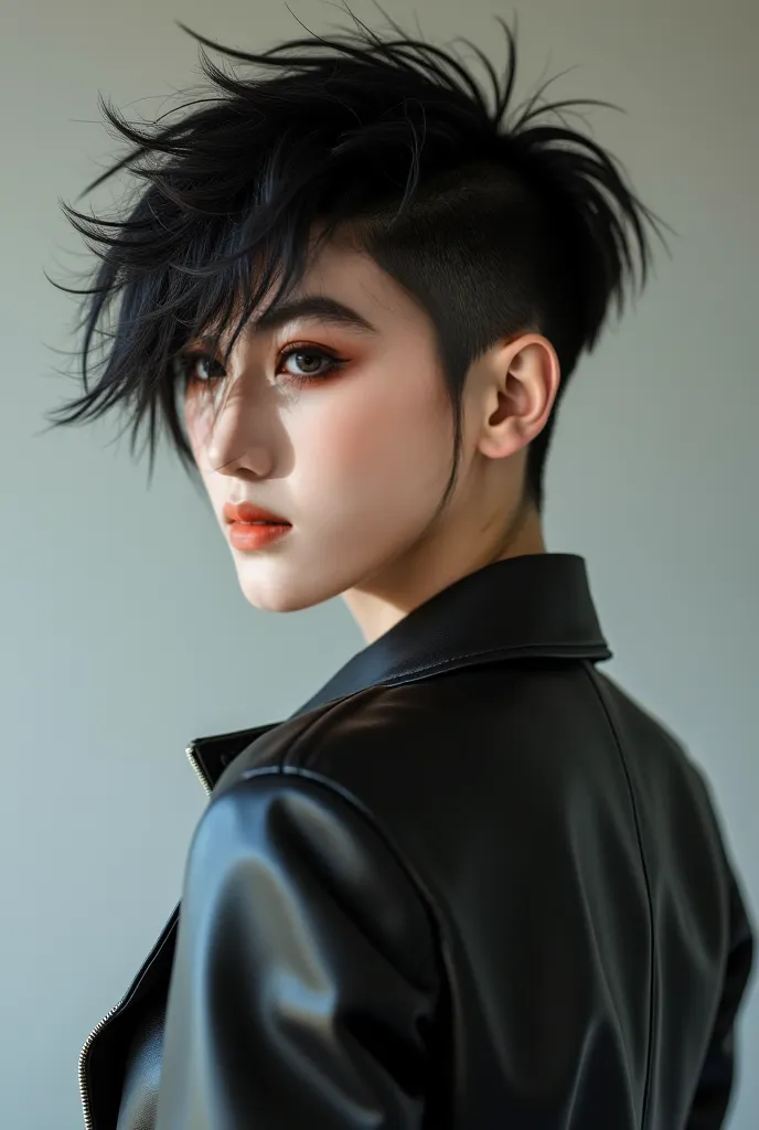 Create a short haired shoulder length wolfcut hairstyle, 22 years old 6'2 height, white spanish androgynous woman with leather jacket. 