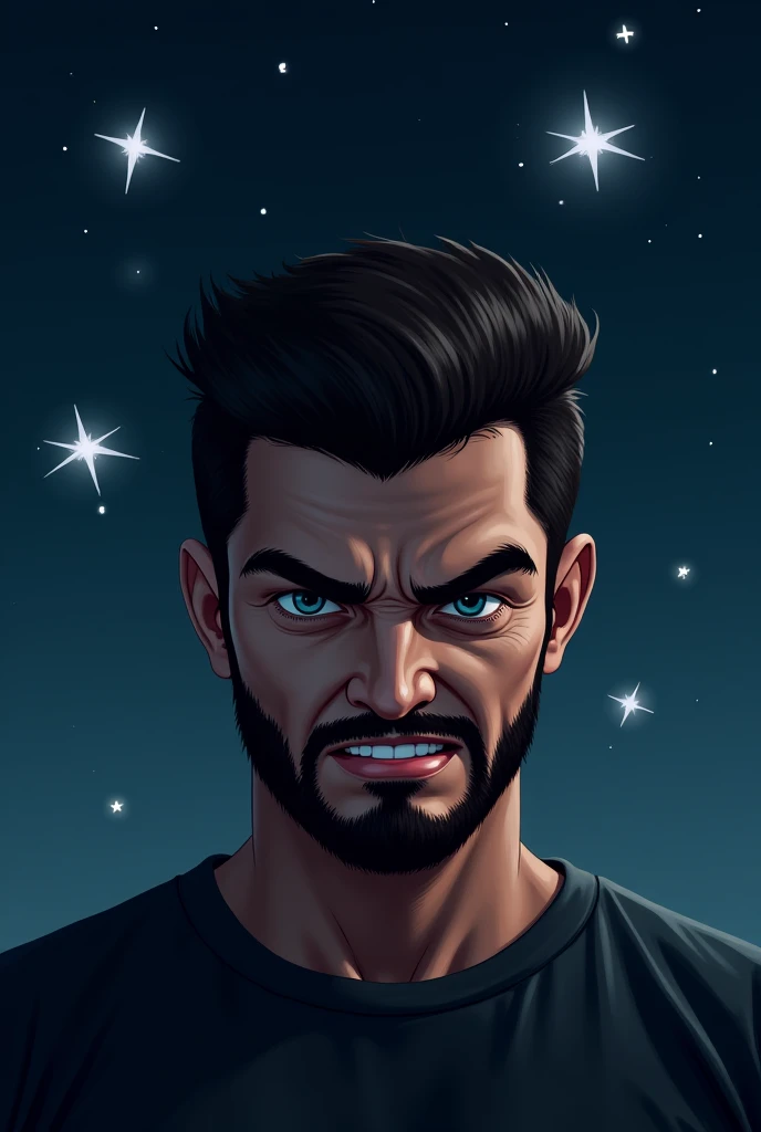 A young man with a beard and no mustache is angry and there are three stars in the sky and the image is from afar 