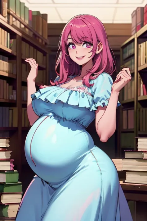 Perfect face. Perfect hands. A pregnant pink haired woman with violet eyes and a baby bump and an hourglass figure in frilly dress is smiling while putting books away in a library with a big smile
