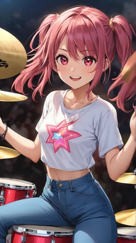  anime girl t-shirt, dark pink hair, light red eyes, he wears a tight shirt and a blue jean, is of short stature, Da un aire de rockstar, He is a drummer in a band