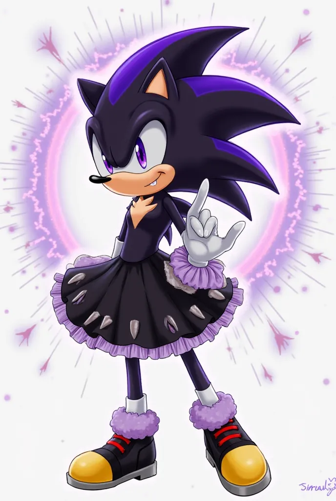 4’11 height
Age:10
Gender:Female
Appearance:hedgehog with black fur and purple highlights on her long quills that go down her back she purple eyes and smaller quills on her back

power:form purple explosion 

Clothes:black ruffle skirt with white thigh soc...