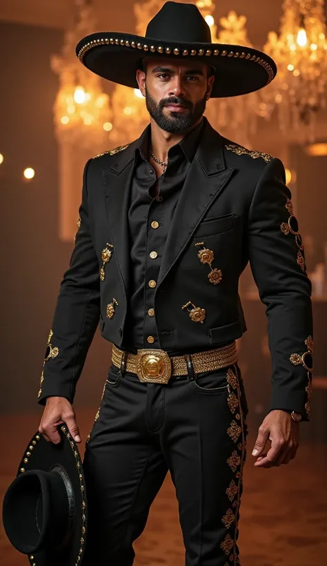 Handsome Mexican bodybuilder man, wearing a spectacular tight black suit made of Mexican charro, Strong and muscular legs, large lump, big butts, accessories in gold , black suede Mexican hat in his hand, perfect face, At a typical Mexican party, husky, vo...