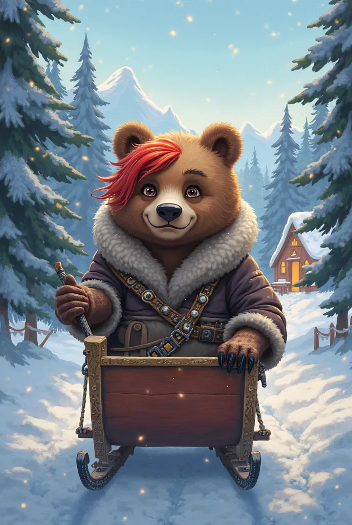 A bear pulling a sleigh with a handsome red-haired young adult