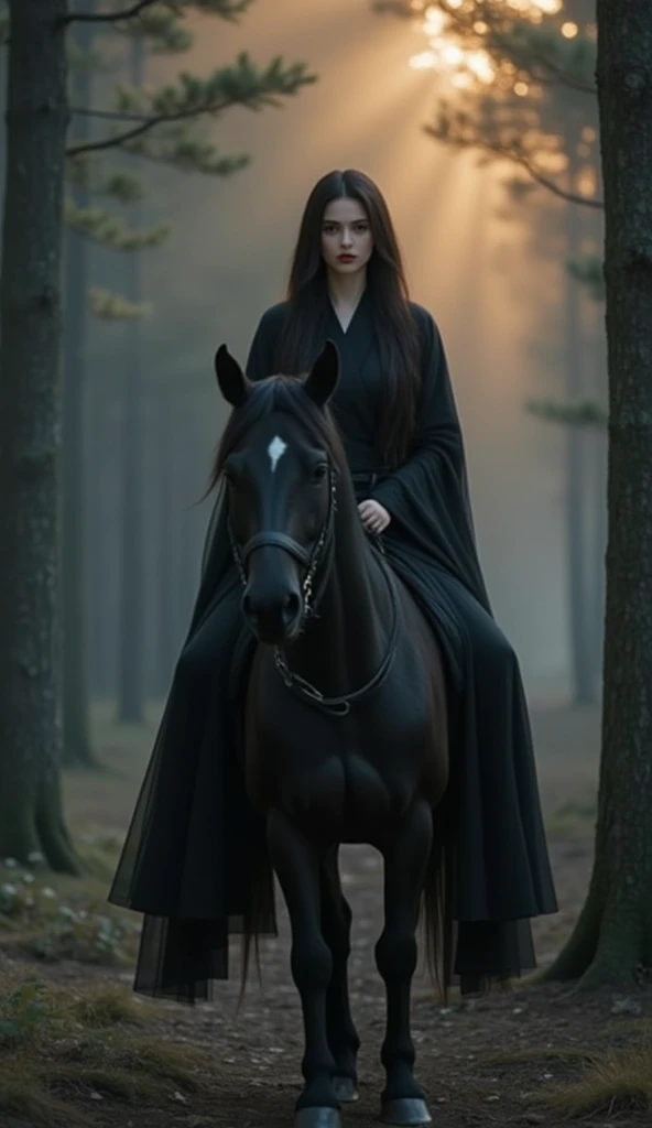 The photo presents a mystical and somber scene. The main character is a woman in a long black robe, . They ride on a healthy and mysterious dark horse.

The backdrop is a dense forest with tall and dense trees covered, light creeps through the branches, cr...