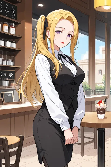 score_9, score_8_up, score_7_up, score_6_up, score_5_up, score_4_up, 1 female, solo, (mature female:1.2), purple eyes, golden hair, long hair, straight hair, forehead, side ponytail, slender, (medium breasts: 1.2), flushed face, light smile, red lipstick, ...