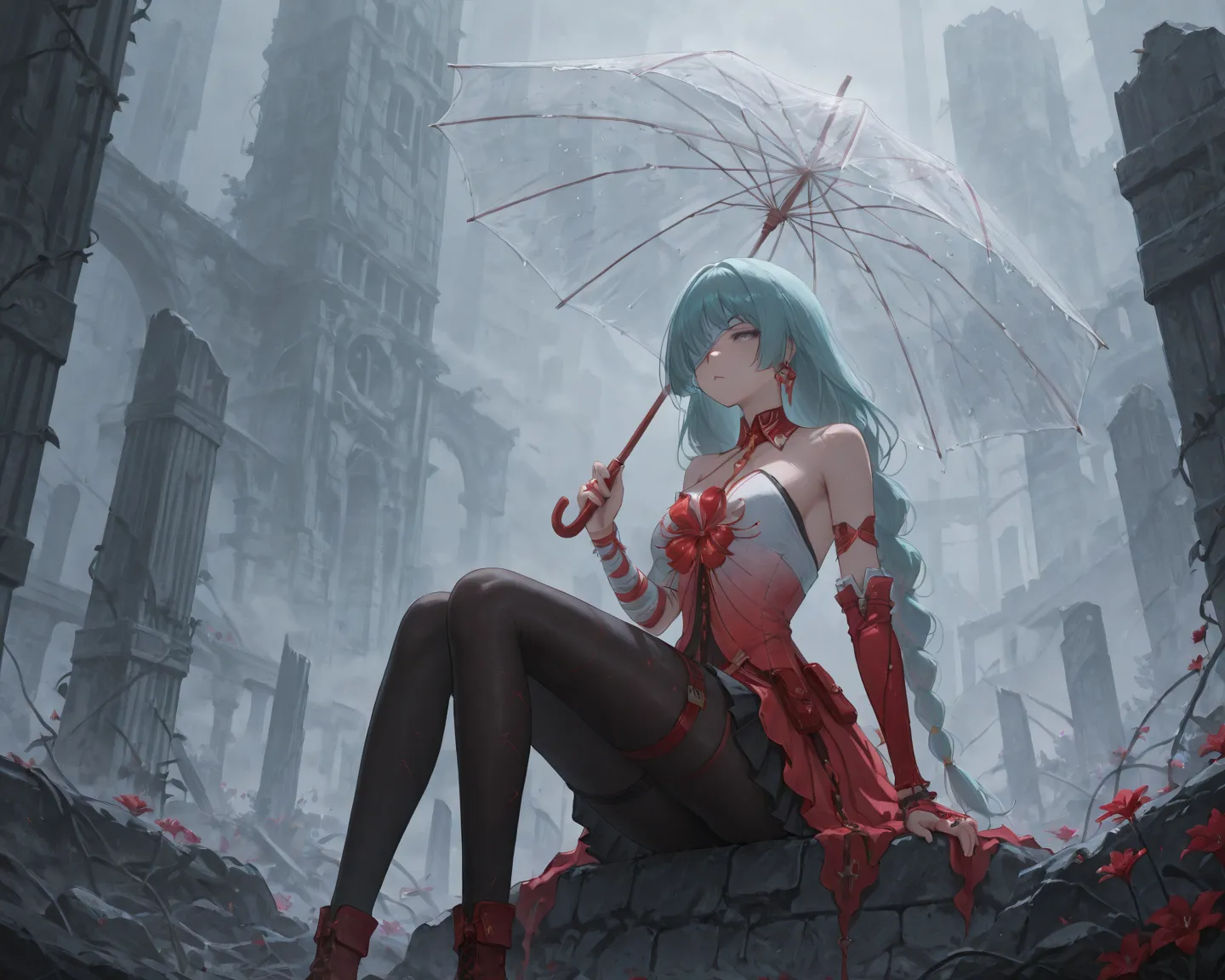 facing away, sitting, crouch, 1girl, solo,ancient ruins, debris, mist, fog, vines, ruins, stone bricks, rocks, emotionless bored, half-opened eyes,
Phrolova, long hair, one eye covered, bandage over one eye, red collar, detached collar, chest strap between...