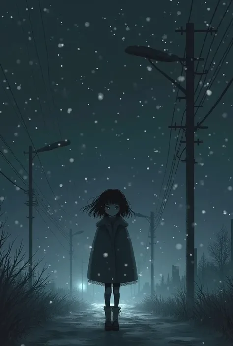 A girl in the winter sad night ,With the words Dark Night
