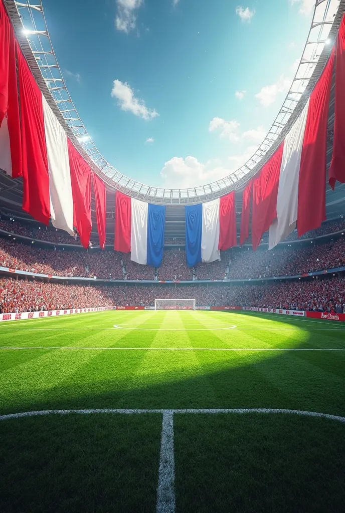 The grass of a football field and the background of stands with a red and white audience and large flags 