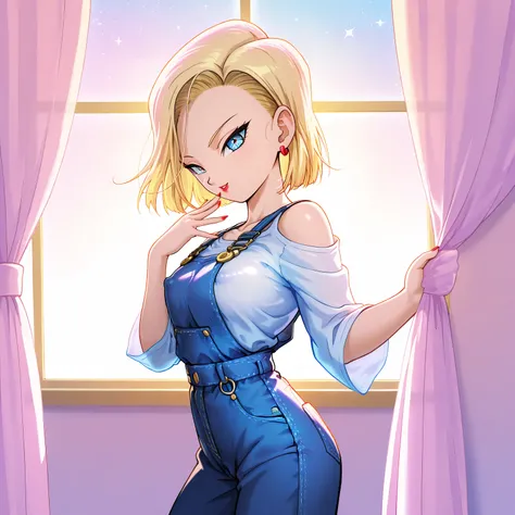 Android 18, short hair, blue eyes, blonde hair, 1 very young girl, small tits, small ass, erect nipples, clitoris, red lips, seductive look, star-shaped pupils, hair ornament,The image features a vibrant and colorful character in a cozy indoor setting. The...