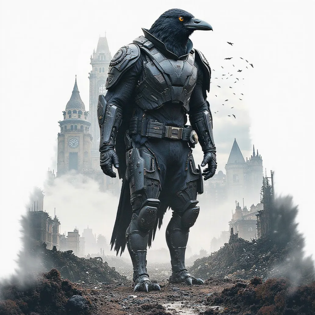 double exposure style,prospect: Anthropomorphic crow soldier donned in black modern combat armor. silhouette:ruined battlefield landscape,Silhouette intensity strong, Double exposure 