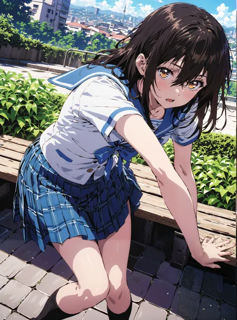 Yukina Himeragi,short hair, black hair, brown eyes, medium chest, mad at my anal,is embarrassing,skirt, bow, school uniforms, pleated skirt, sailor suit, sailor color, blue skirt, plaid , blue bow, black high socks, is standing, bench,black string panti...