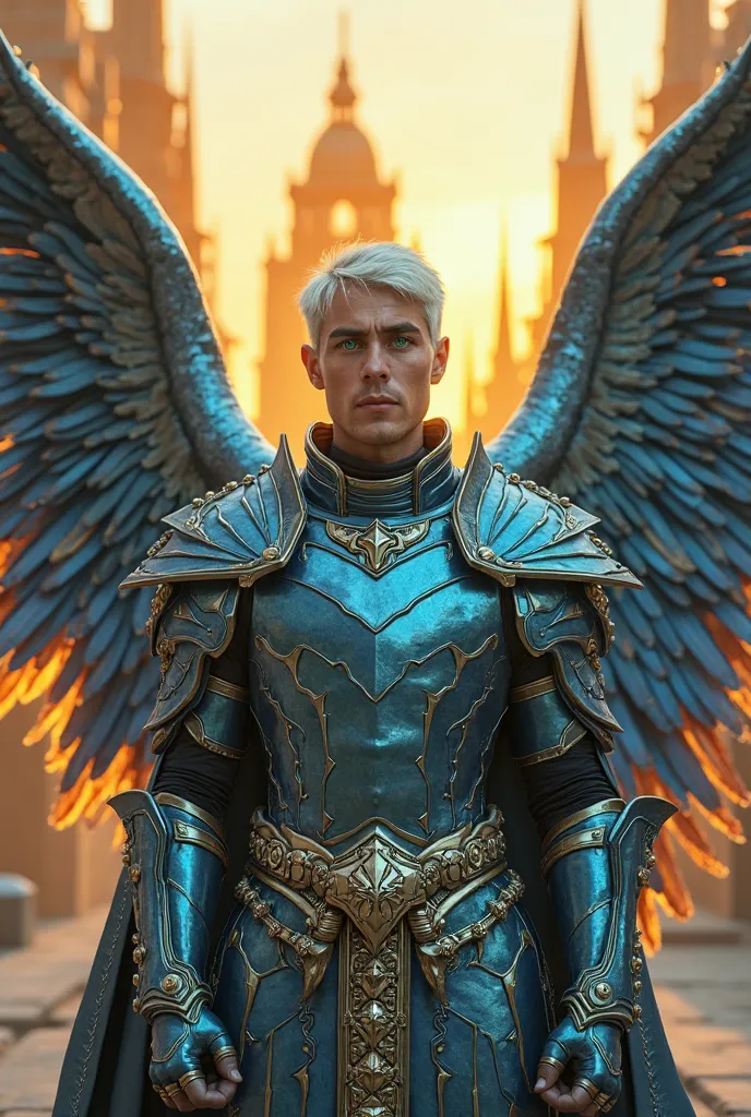 masterpiece, top quality, Full body 8 k photo,  super realistic, 1 man, Pele Moreno,  huge wings filled with metallic feathers, green eyes, metallic blue armor, fantasy setting Celestial City (Celestial City), short white hair, In the background you are st...