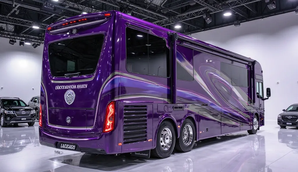 2025 Kenworth T-2000 Motorhome back side view purple color luxury style logo on with heading in showroom 