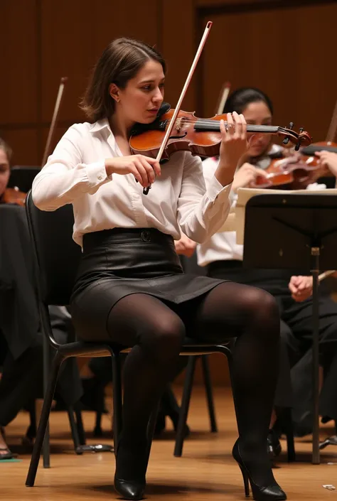     beautiful Spanish violinist, at a chamber concert         ,        She is sitting next to other musicians ,      white blouse and black leather skirt ,             black tights     ,         Show some white underwear       , high heels, Front camera, 