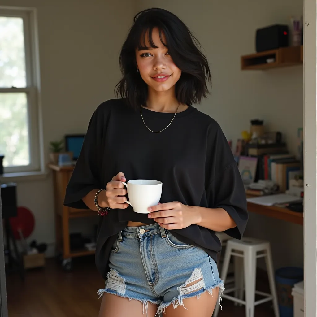 **"A casual, low-quality photo of Ágatha, a 20-year-old Brazilian woman with short, straight black hair. She is sitting in a gaming chair, holding a white coffee cup in both hands, with a relaxed and comfortable posture. Her expression is lighthearted and ...