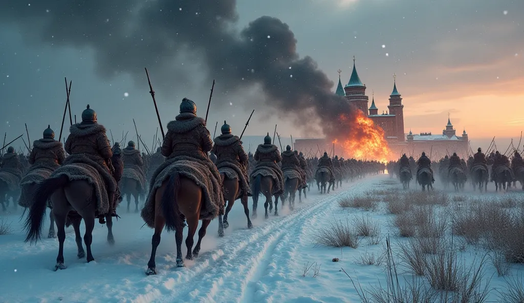 A brutal winter battlefield where Mongol horsemen, wrapped in thick fur cloaks, charge through the snow-covered plains of Russia. Russian knights, wearing heavy armor, struggle to fight back as their fortress burns in the background. The sky is dark and fi...