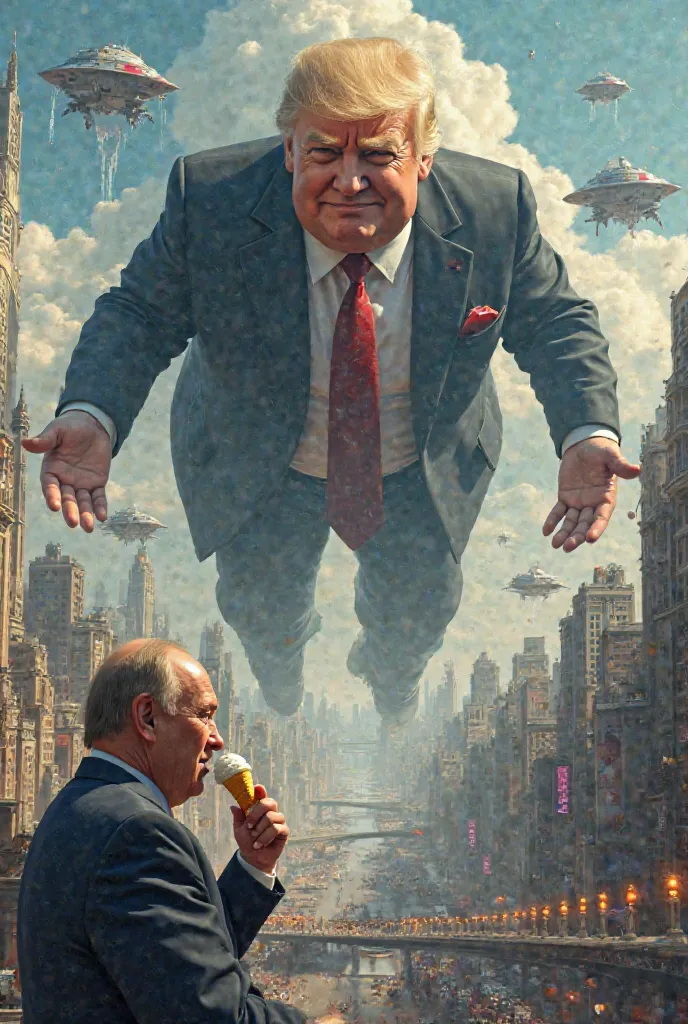 Create an image of a giant Donald Trump destroying the city at the top of the building with spaceships attacking him and the putin eating ice cream laughing